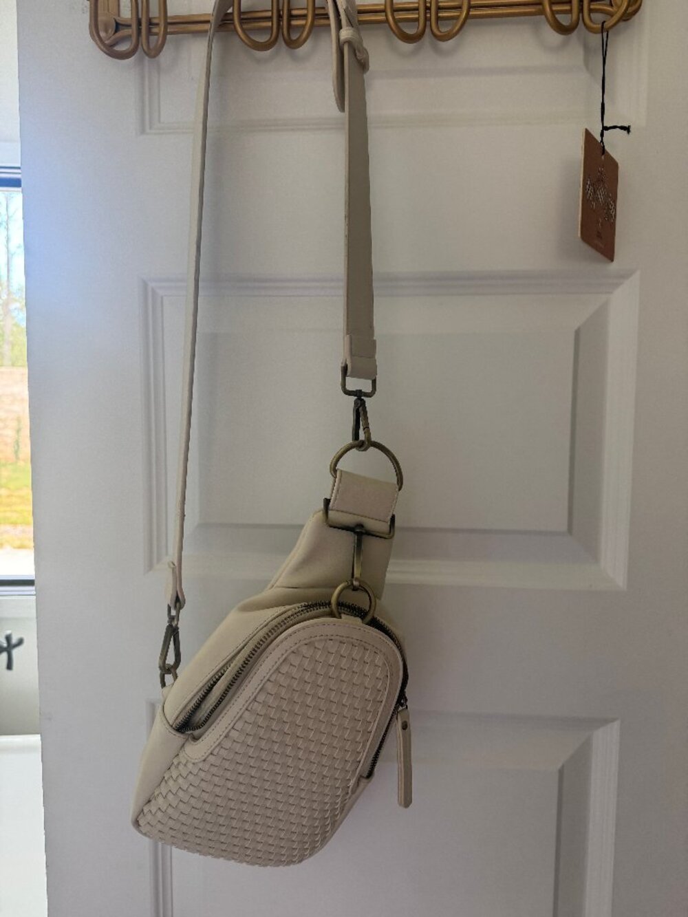 Anthropologie Urban Originals Woven Liberty Sling Bag Cream Vegan Leather Brass